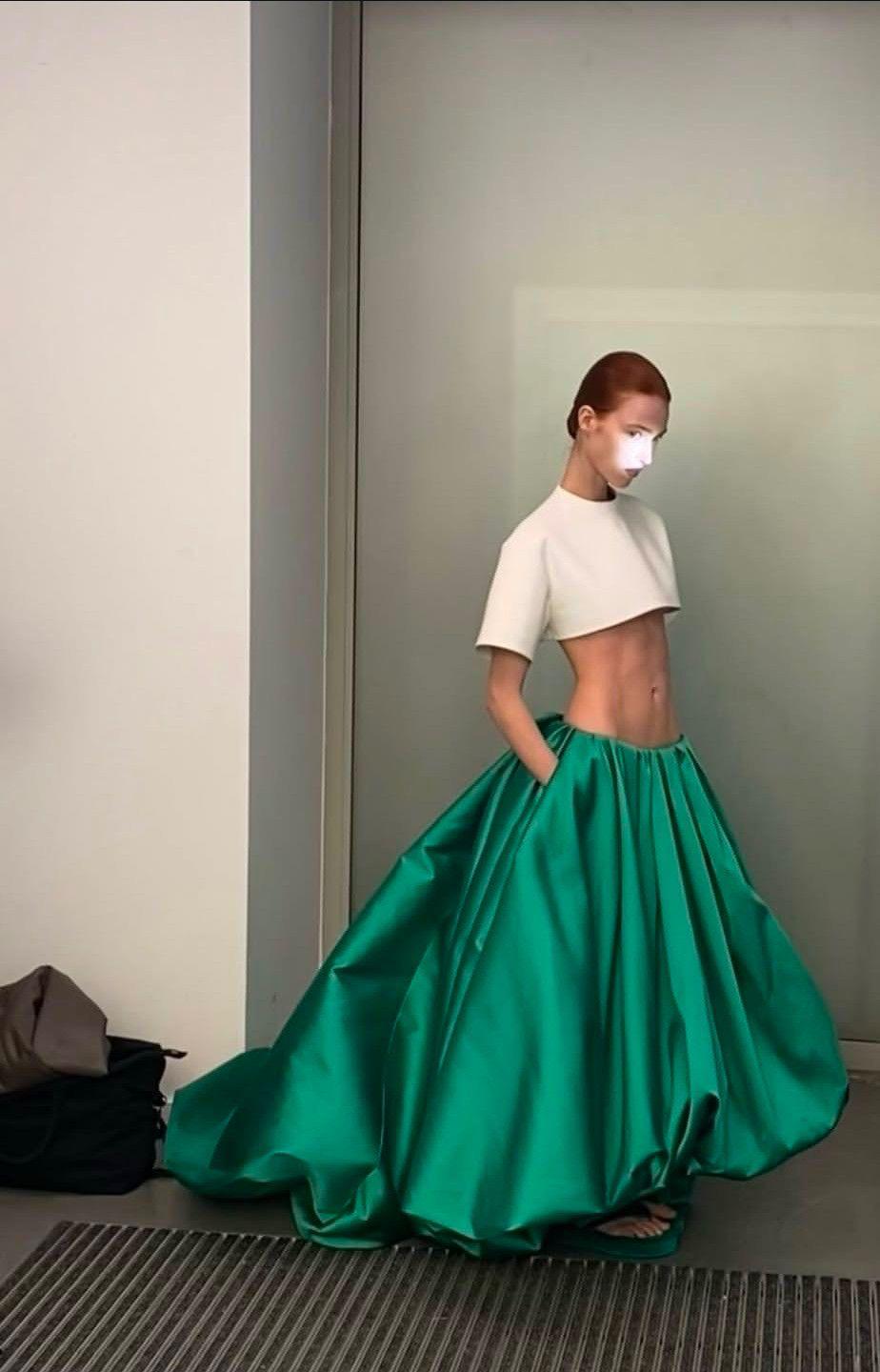 Emerald green duchess satin bubble hem ball skirt by AKUVEE